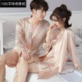 韩版春秋季情侣真丝睡袍丝绸浴袍睡衣女睡裙夏季男长袖冰丝家居服_2_506 男XXL(150-170斤) 1055字母袍（香槟）