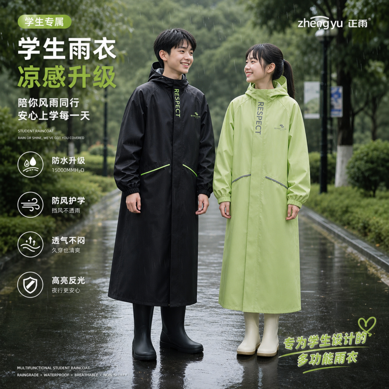 正雨儿童雨衣小学生上学专用男孩女孩全身防暴雨新款带书包位雨披9063高清大图