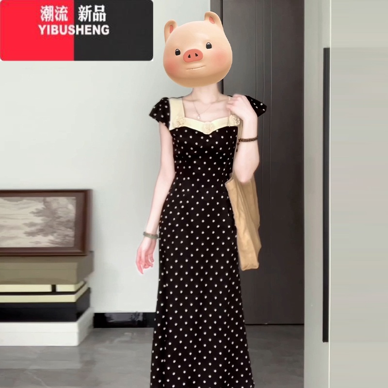 YIBUSHENG今年流行法式收腰显瘦高级感白色波点连衣裙子长裙女季新长 40/45kg/S 黑色超好看连衣裙/漂亮独特连衣裙/黑色连衣裙/夏日绝美小裙子