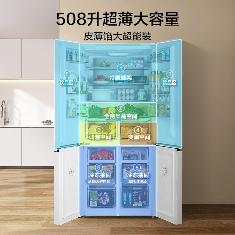 美的(Midea)508升十字对开门双系统双循环一级能效除菌净味大容量家用冰箱BCD-508WSPZM(E)海贝白