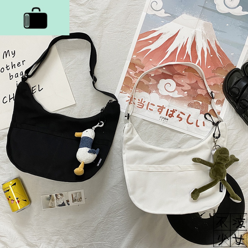 韩版ins简约大容量帆布饺子包日系2020新款潮纯色复古斜挎包男女NEWLAKE高清大图