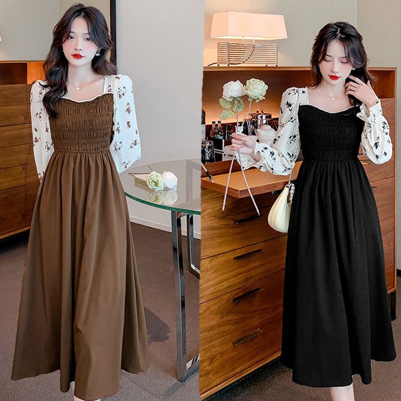 权小威假两件碎花连衣裙春秋长袖方领气质修身显瘦抹胸珍珠搭配大衣