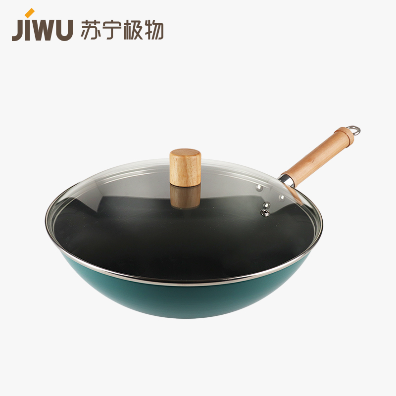 苏宁极物佳馔宝不粘锅炒锅炒菜锅老式铁锅家用无涂层少烟家用燃气灶适用孔雀绿