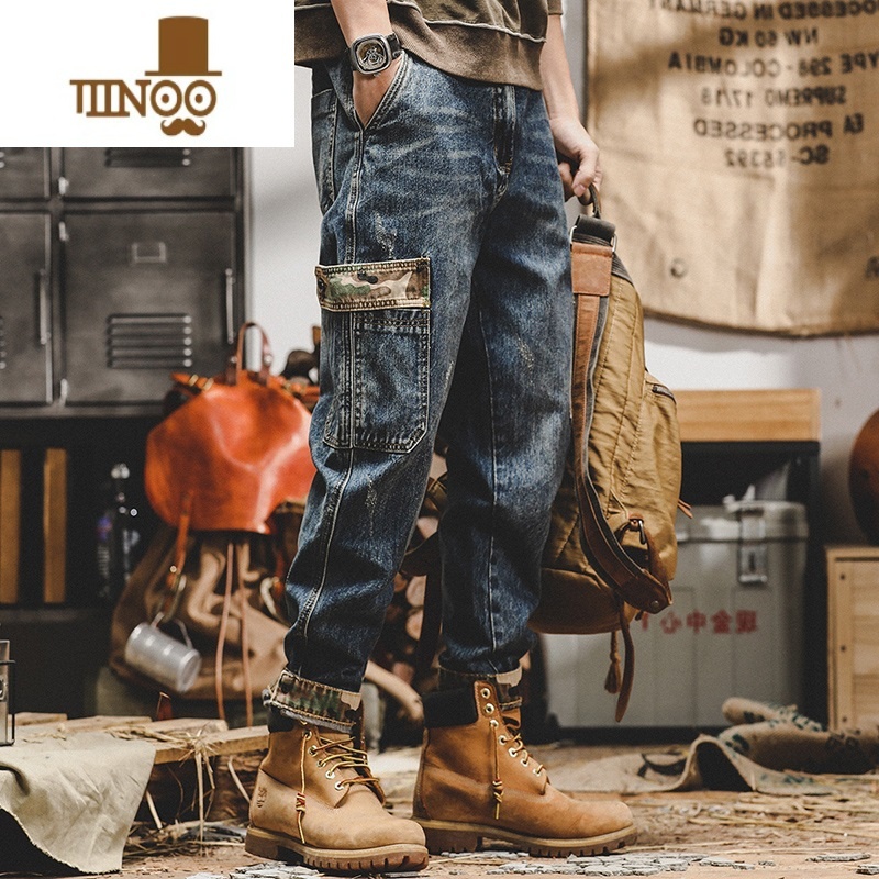 YANXU春季牛仔裤男款潮牌宽松直筒哈伦裤工装休闲水洗百搭男士大码长码高清大图