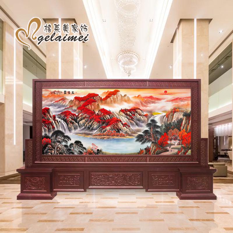 BONJEAN中式实木刻屏风隔断客厅办公室酒店公司大厅山水迎客松屏风高清大图