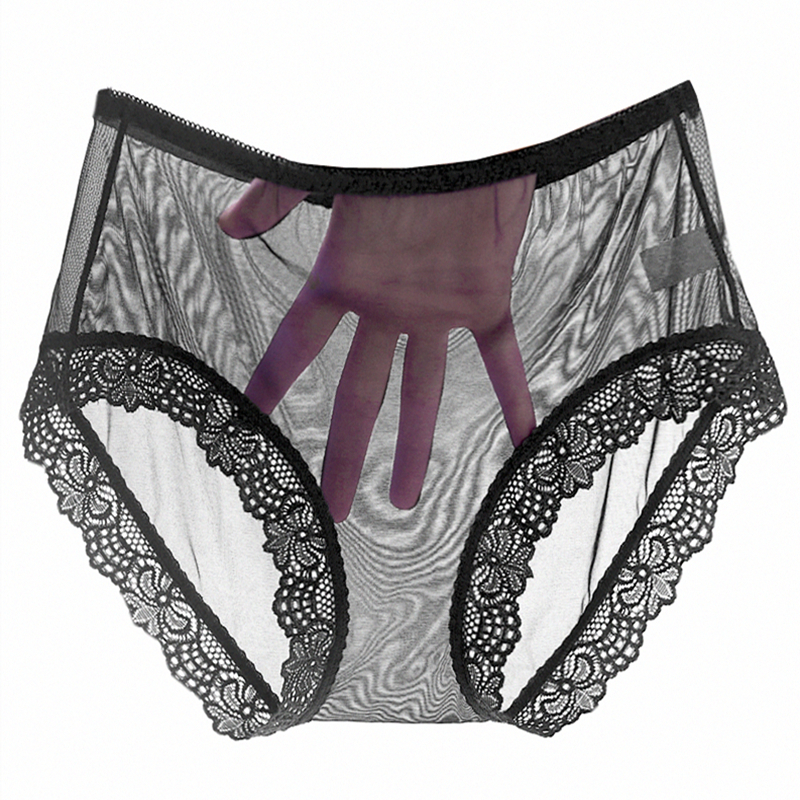 3条装超薄性感内裤女全透明蕾丝性感中腰大码胖mm纱透视三角裤