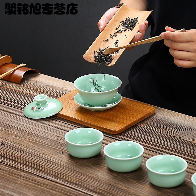 简约青瓷功夫茶具套装家用小茶杯鲤鱼茶碗陶瓷茶壶盖碗茶杯简约