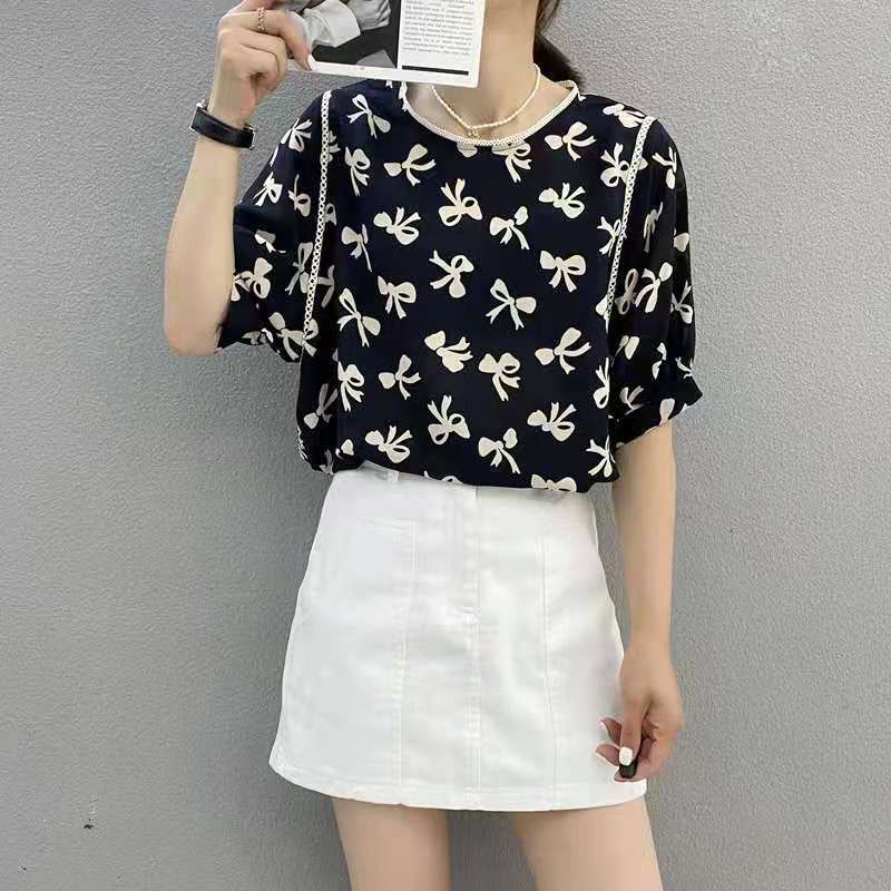 宽松圆领印花雪纺衫女2021夏季新款薄款洋气小衫碎花遮肚子上衣 黑色 M 85-100