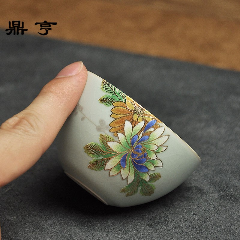 鼎亨清雅凝香天青汝窑开片浅浮金边花茶杯品茗杯主人杯陶瓷功夫