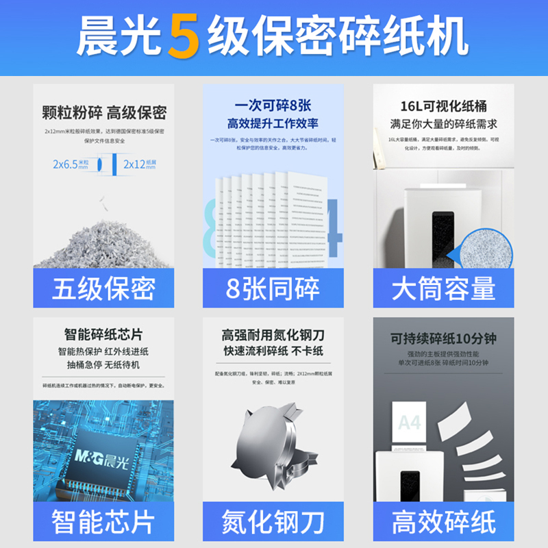 晨光(M&G)AEQ96702碎纸机一次碎纸8张16升大容量 德国5级保密办公商用大功率文件粉碎机电动家用小颗粒碎纸
