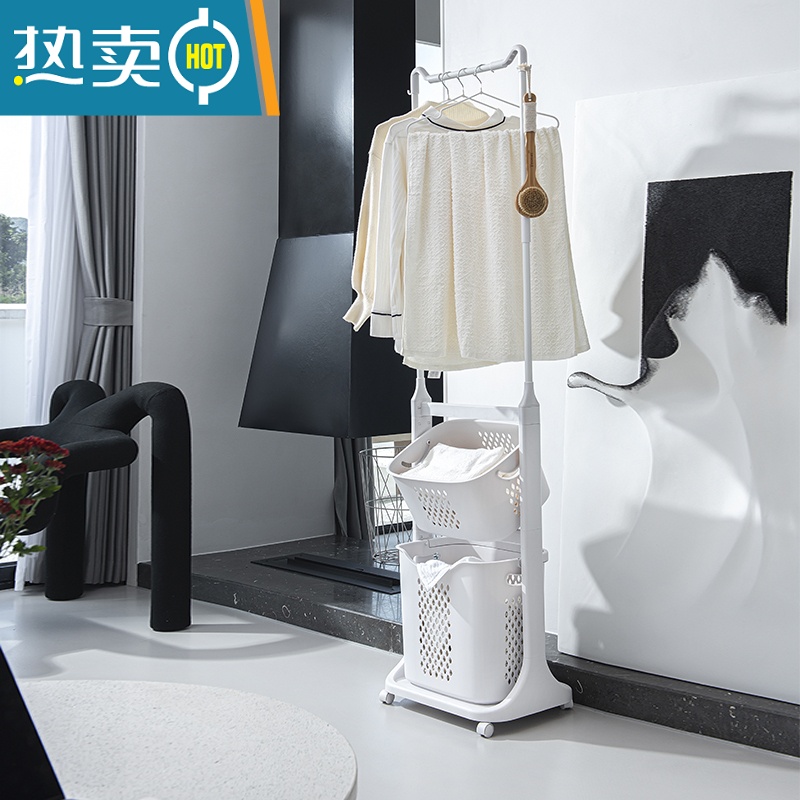 敬平落地次净挂衣架带轮浴室收纳卧室脏衣篮篓隔夜衣帽移动晾衣架置物 C款[挂衣&放脏衣]移动衣帽架+脏衣篮高清大图