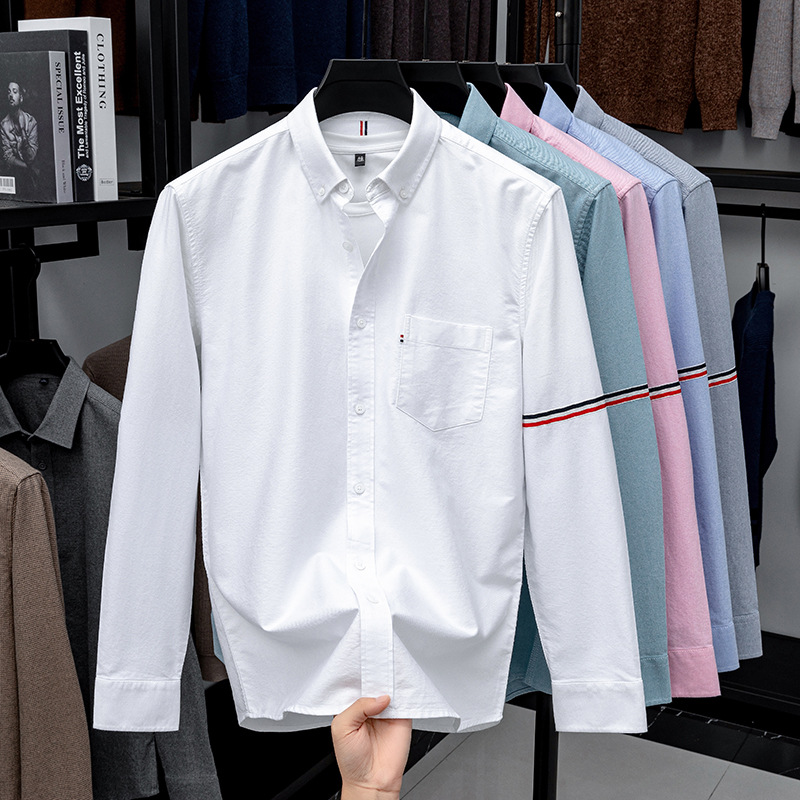 水洗牛津纺100%纯棉衬衫男秋季新款时尚翻领长袖休闲男士衬衣