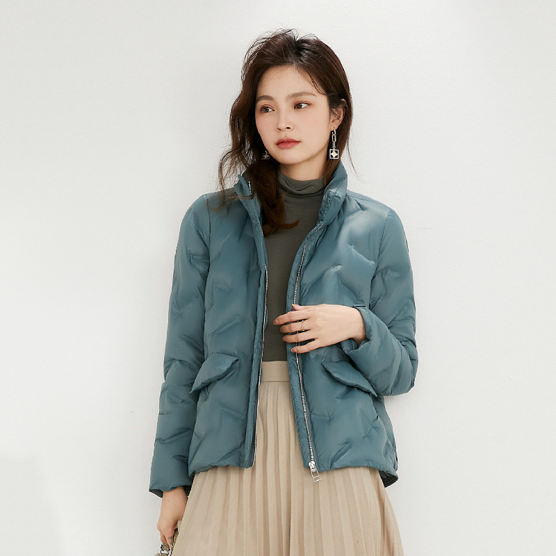 新款简约女式90绒女装立领压胶纯色羽绒服短款大码外套_6731 灰绿色 S