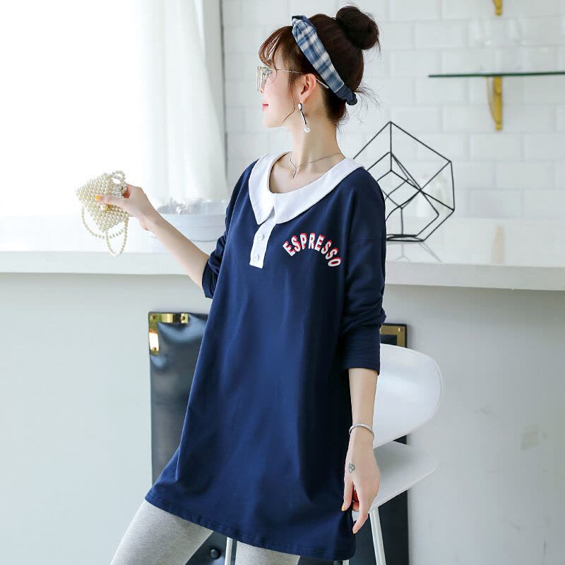 迪鲁奥(DILUAO)孕妇装秋装纯棉长袖T恤新款秋装时尚款怀孕妈妈穿的衣服宽松中长款上衣图片