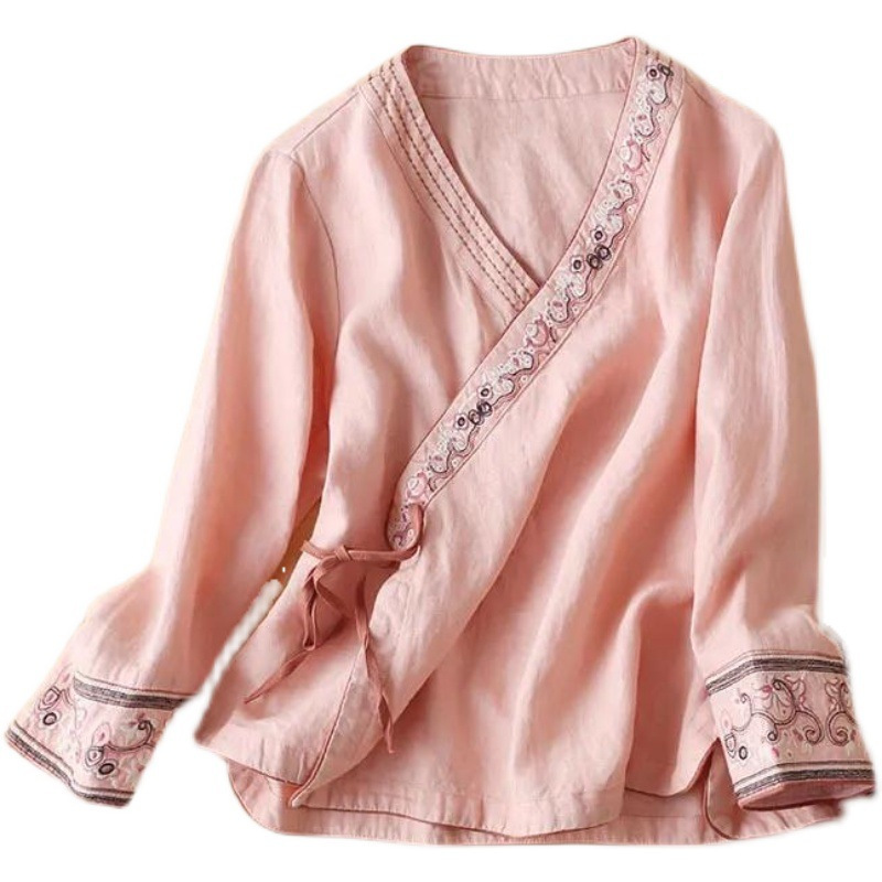 潮流女装中国风亚麻斜襟刺绣上衣文艺复古宽松改良汉服古风茶禅服