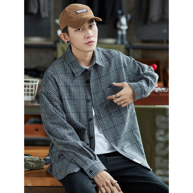 1元]唐狮秋季毛呢格纹长袖衬衫男日系宽松加厚外穿学生衬衣外套潮