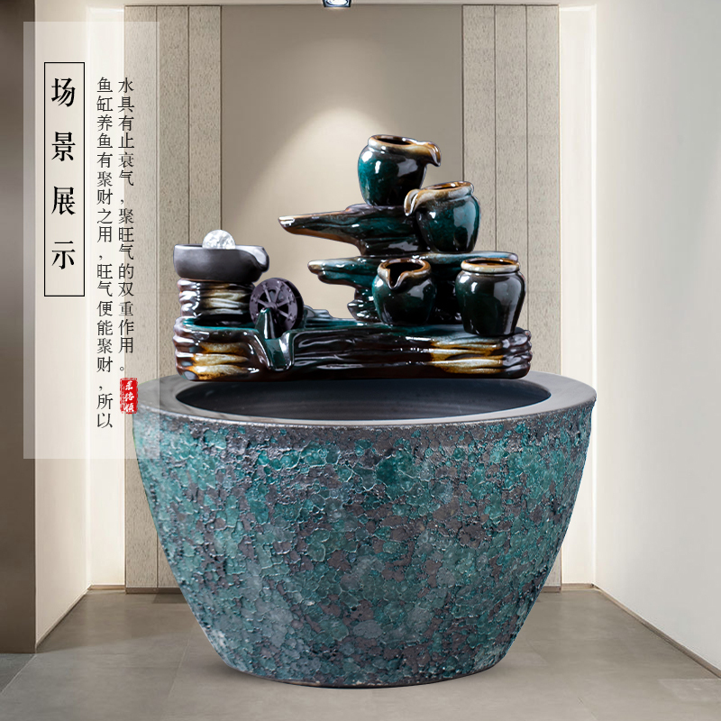 景德镇陶瓷金鱼缸阳台办公室客厅落地家用循环流水摆件庭院大鱼缸