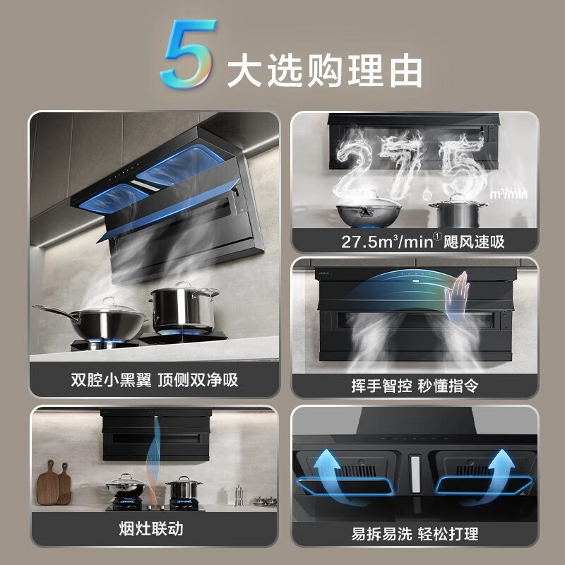 老板(Robam)[小黑翼D1U]油烟机超薄顶侧双吸 抽油烟机27.5风量大吸力吸油烟机可烟灶联动27A17-D1U高清大图