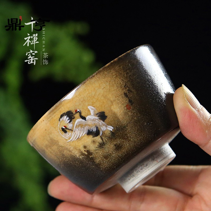 鼎亨 景德镇仙鹤柴烧主人杯 落灰开片窑变品茗杯纯手工手绘茶杯