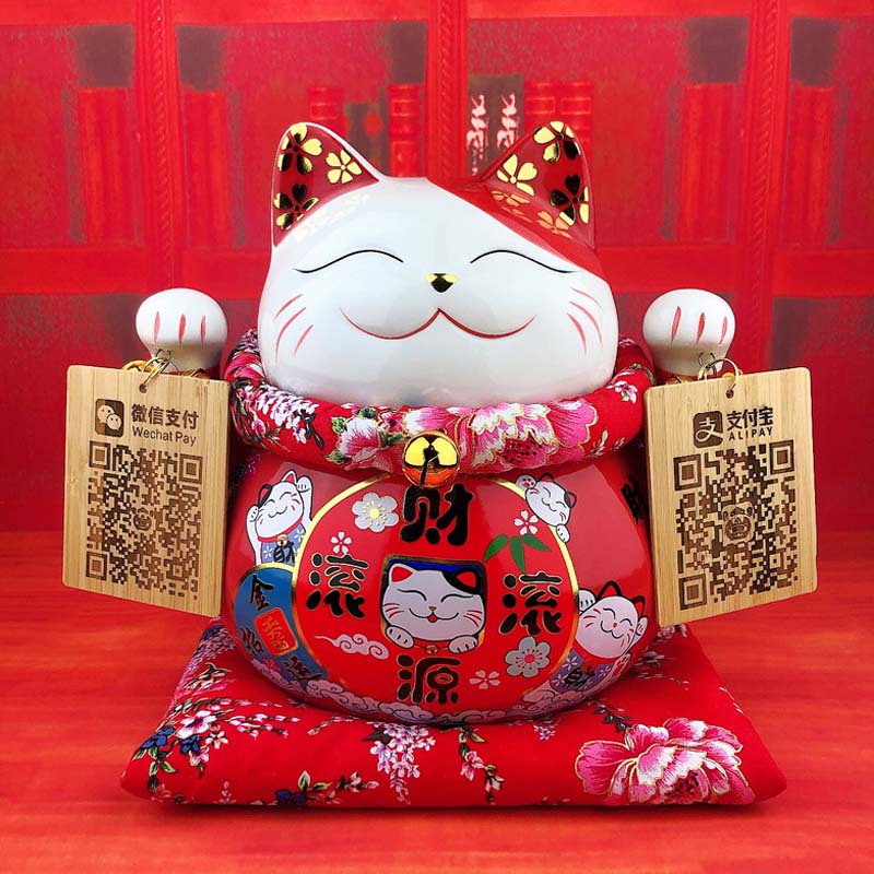 摆件 开业店铺收银台 红色发财猫存钱罐 二维码摆台 木吊牌 三维工匠 10寸大号财源滚滚+二维码木牌猫高清大图