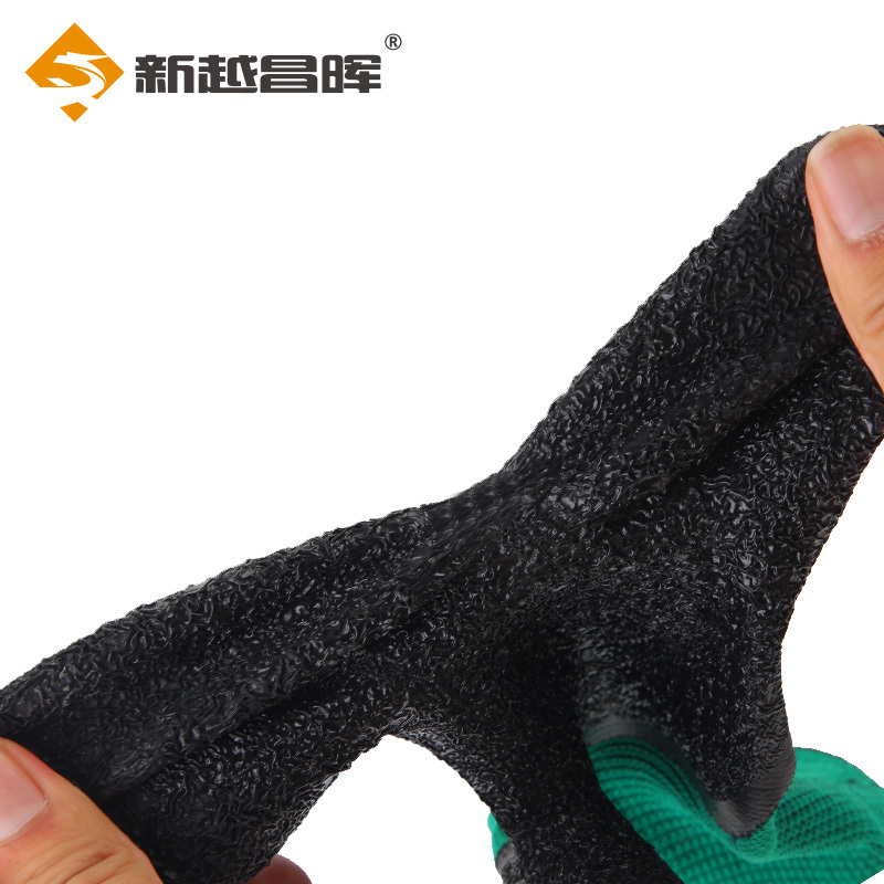 新越昌晖浸胶皱纹手套 涂掌涂层乳胶手套 劳保手套 防滑耐磨透气工地工作劳动干活手套防护蓝黑色 60副/均码 L518