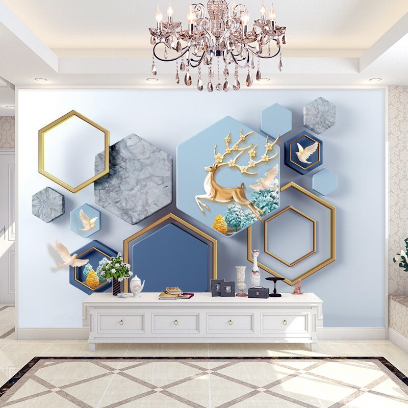 客厅电视背景墙壁纸影视墙现代中式3d立体无缝墙布墙纸大型壁画布