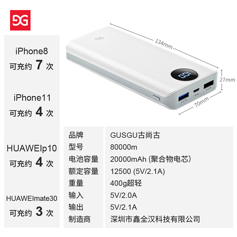 古尚古超级快充20000毫安大容量充电宝18w适用苹果华为小米正品22.5W超薄小巧电源1000000超大灯显款 白色