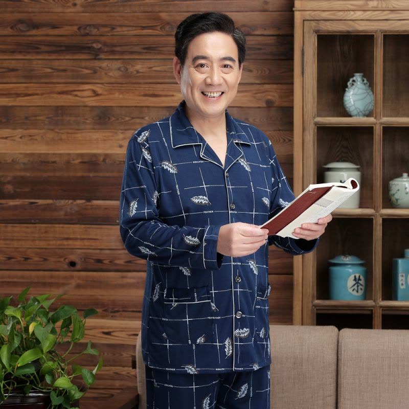 睡衣男长袖春秋款中老年爸爸加大码宽松青年男士秋冬季家居服套装图片