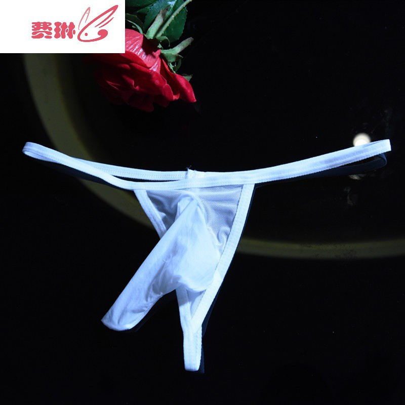欧美超薄男士jj套丁字裤一根带子蕾丝性感透明大象飞机冰丝内裤男费琳