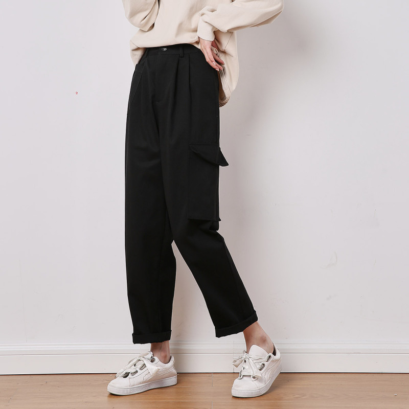 9元]唐狮休闲长裤女宽松纱卡工装裤女不对称口袋女休闲裤女裤子