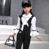 女童套装2021新款春秋洋气中大童背带套装小学生小女孩时髦两件套 黑色 背带长裤+九分袖衬衫套装 130 适合120cm