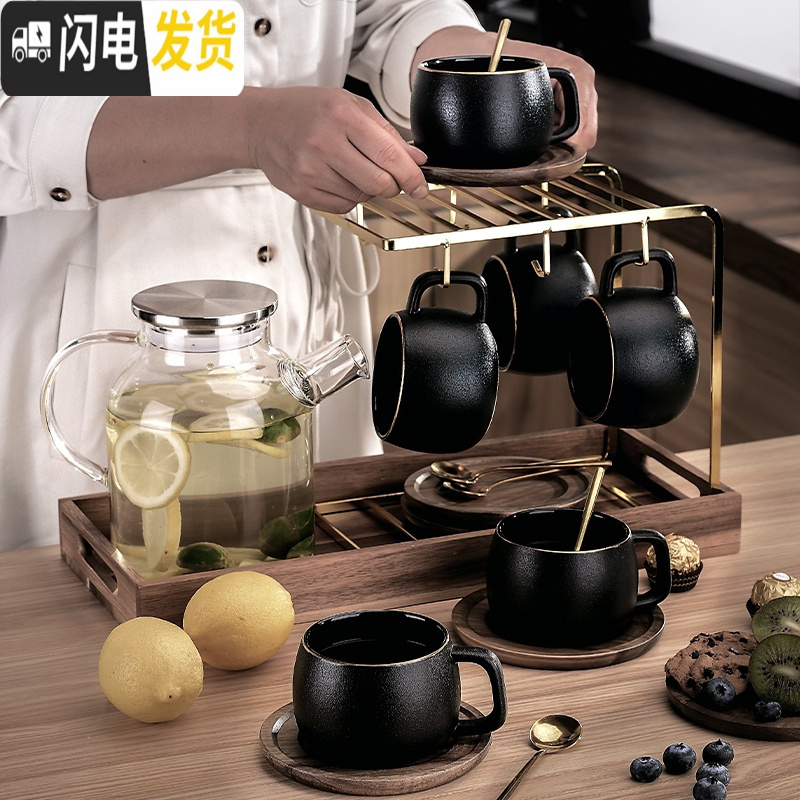 三维工匠冷水壶套装北欧创意陶瓷杯具玻璃凉水壶大容量家用客厅茶杯花茶壶 磨砂绿色4杯碟勺+圆壶+托盘圆壶水具