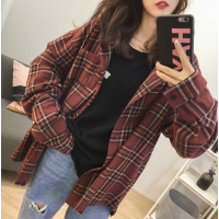 艳如飞连帽格子长袖衬衫女2021秋季韩版宽松慵懒显瘦中长款衬衣休闲外套衬衫