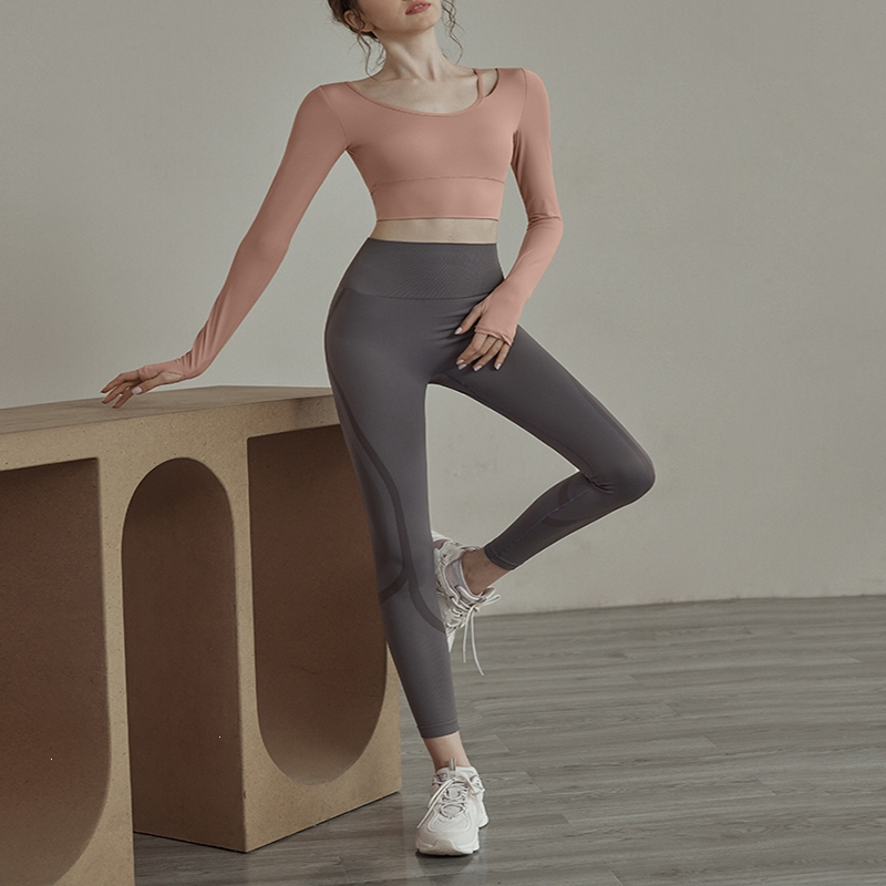 瑜伽服女带胸垫跑步健身长袖运动上衣显瘦弹力紧修身春夏新款套装>800