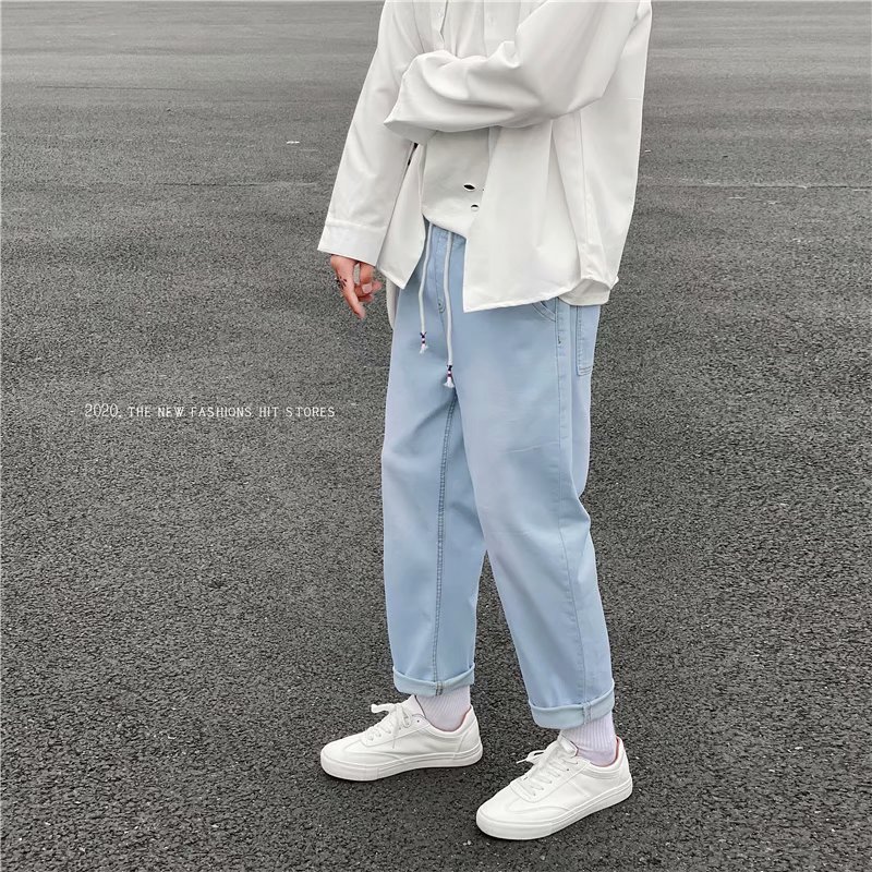 baluoshang浅蓝色牛仔裤男春秋季新款松紧腰直筒长裤男生宽松休闲九分