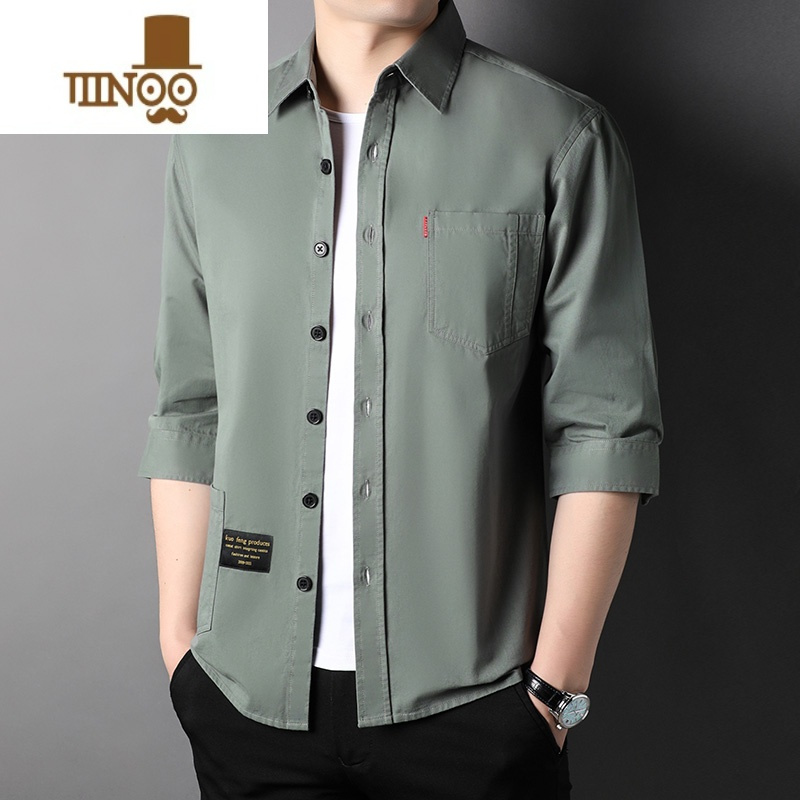 yanxu7七分袖工装衬衫男士夏季薄款休闲中袖衬衣潮流男装短袖外套
