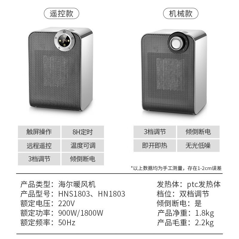 海尔(Haier) 暖风机取暖器家用 1800W功率 台式电暖风浴室加热器办公室节能省电型电暖器 HNS1803 遥控款