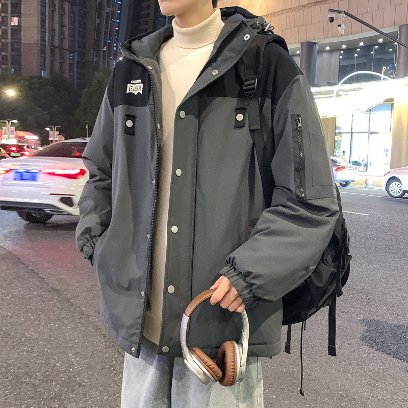[2.5折价228元]唐狮棉服棉衣外套男夹棉外套男连帽上下撞色胸前织带小细节工装棉衣