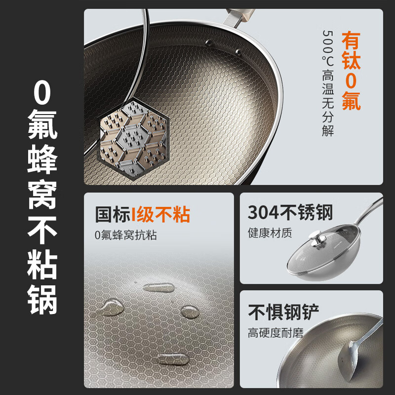 九阳CF32-C775(Joyoung)炒锅0氟钛瓷抗粘304平底炒菜锅不锈钢蜂窝电磁炉燃气灶0氟涂层直径32cm高清大图