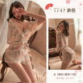 霏慕(Fee et moi)女式情趣睡衣7742 情趣内衣性感透视制服套装 性感内衣用品女雪纺透明清新雪纺印花睡袍浴袍 均码 裸米色睡袍【睡袍+腰带+T裤】