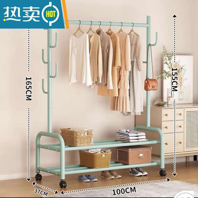 敬平网红家用卧室内挂衣架落地小型衣帽架柜简易杆式置物晾衣服的架子 单层60cm少女粉 加粗25管径晾晒架高清大图