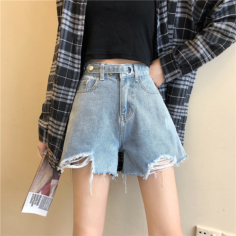 2021夏季新款宽松显瘦百搭裤子牛仔短裤女破洞高腰阔腿热裤ins潮 蓝色 XL
