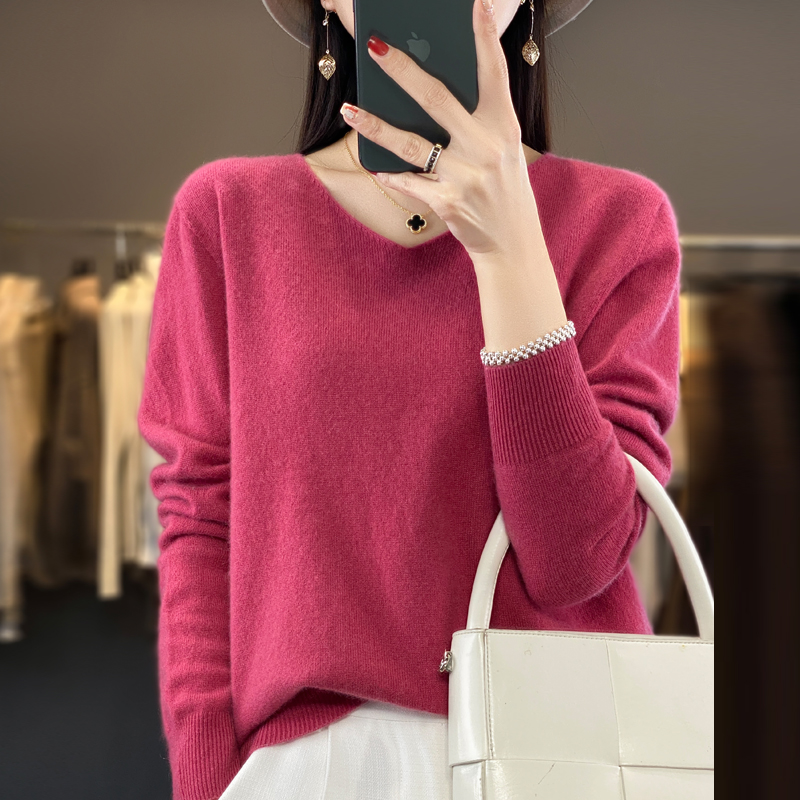 免费试穿 秋冬新款V领羊绒衫春秋新款针织衫瘦身上衣慵懒毛衣女春秋针织上衣服打底衫秋冬内搭大码显瘦洋气打底衫女高清大图