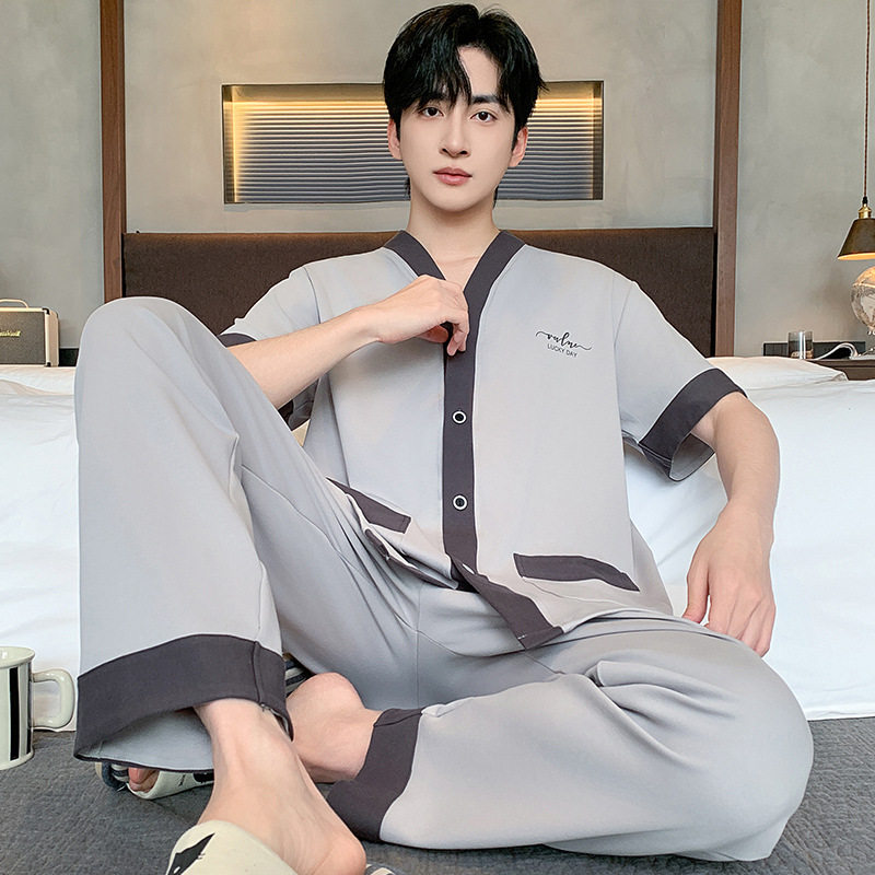 2026新款睡衣男款夏季薄款开衫短袖短裤仿棉拉架可外穿家居服套装高清大图