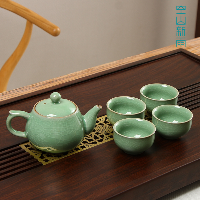 空山新雨 龙泉青瓷功夫茶具套装哥窑梅子青开片(一壶四杯)