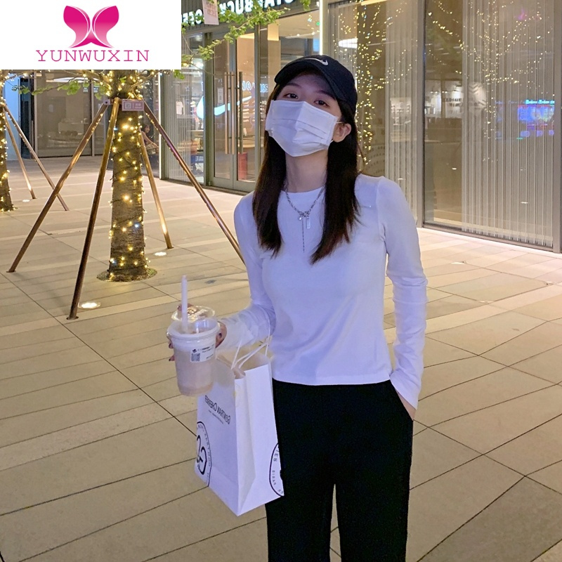 YUNWUXIN奶蓝/淡黄/白色 秋季长袖t恤洋气修身内搭打底衫女短款上衣纯欲风T恤