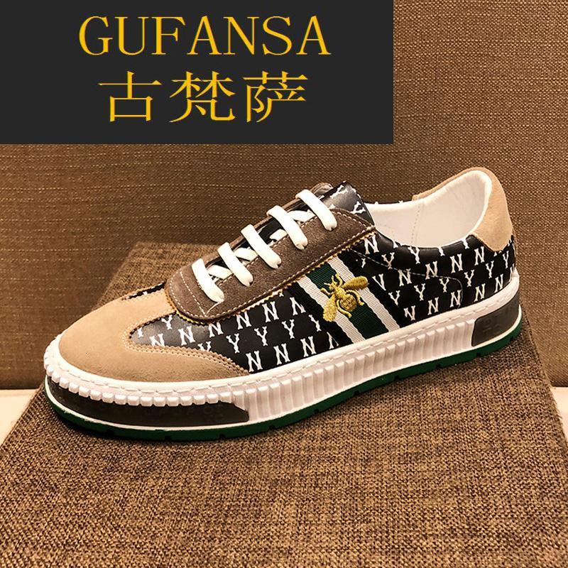 GUFANSA法国奢侈品牌 欧洲上流名士高端品牌小蜜蜂印花真皮德训鞋男2021新款ins官方旗舰店小众休闲运动板鞋