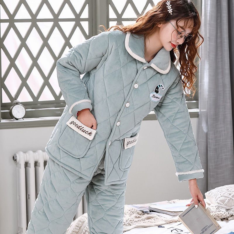 睡衣女冬季三层加厚夹棉冬天法兰绒珊瑚绒保暖棉袄大码家居服套装衫伊格