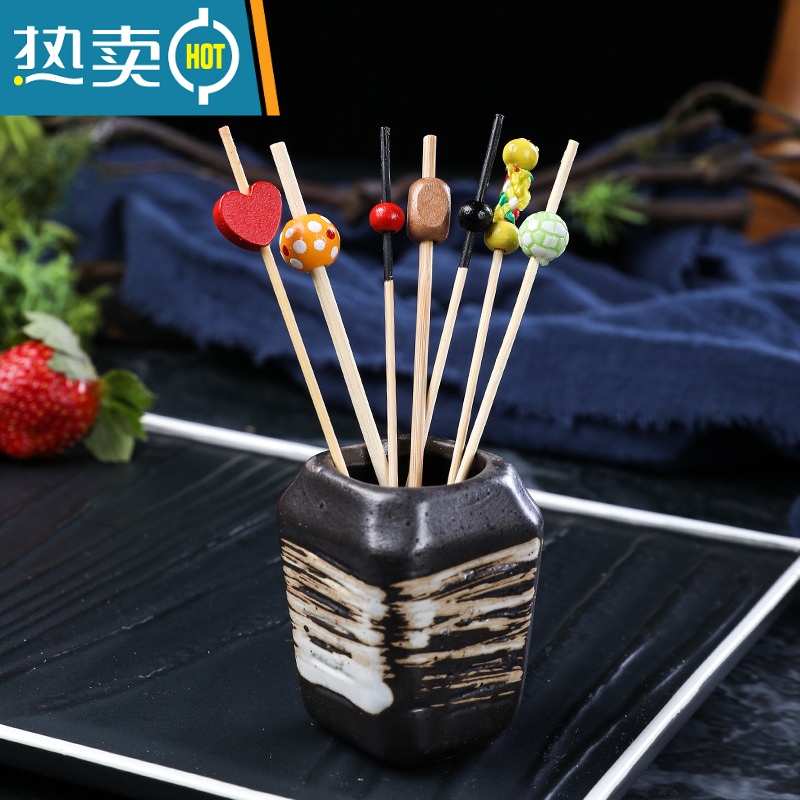 敬平水果叉子果签果插创意花签彩色竹签牙签鸡尾酒装饰签点心签 黑头黑珠签(一包100支)高清大图
