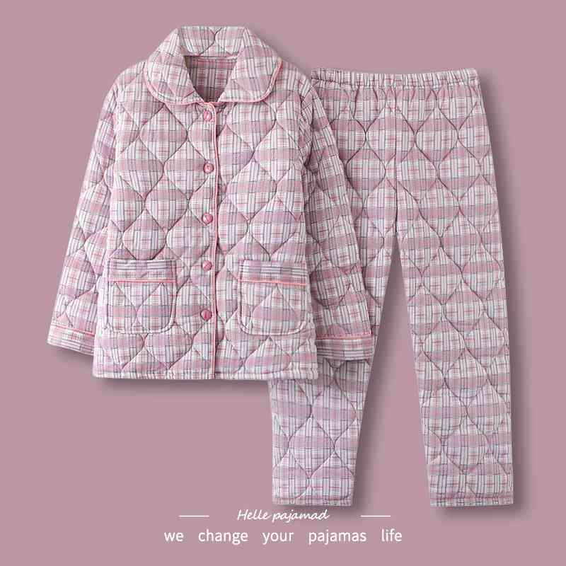 浪莎夹棉睡衣女冬季三层加厚夹棉袄大码保暖开衫可外穿家居服套装